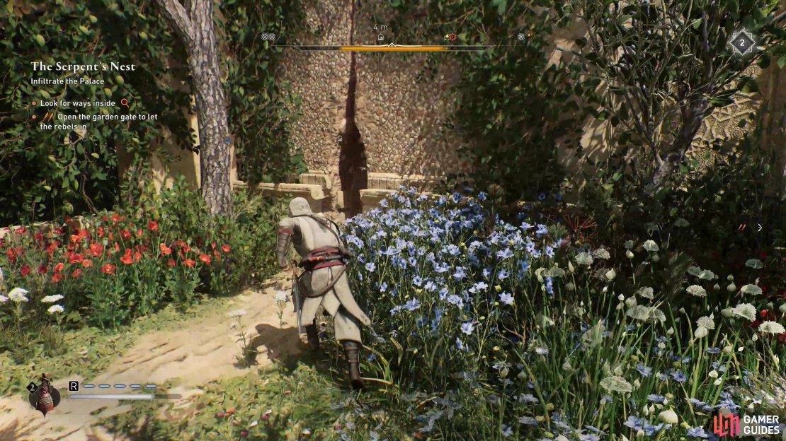 You can enter the palace grounds via the crack in the wall.