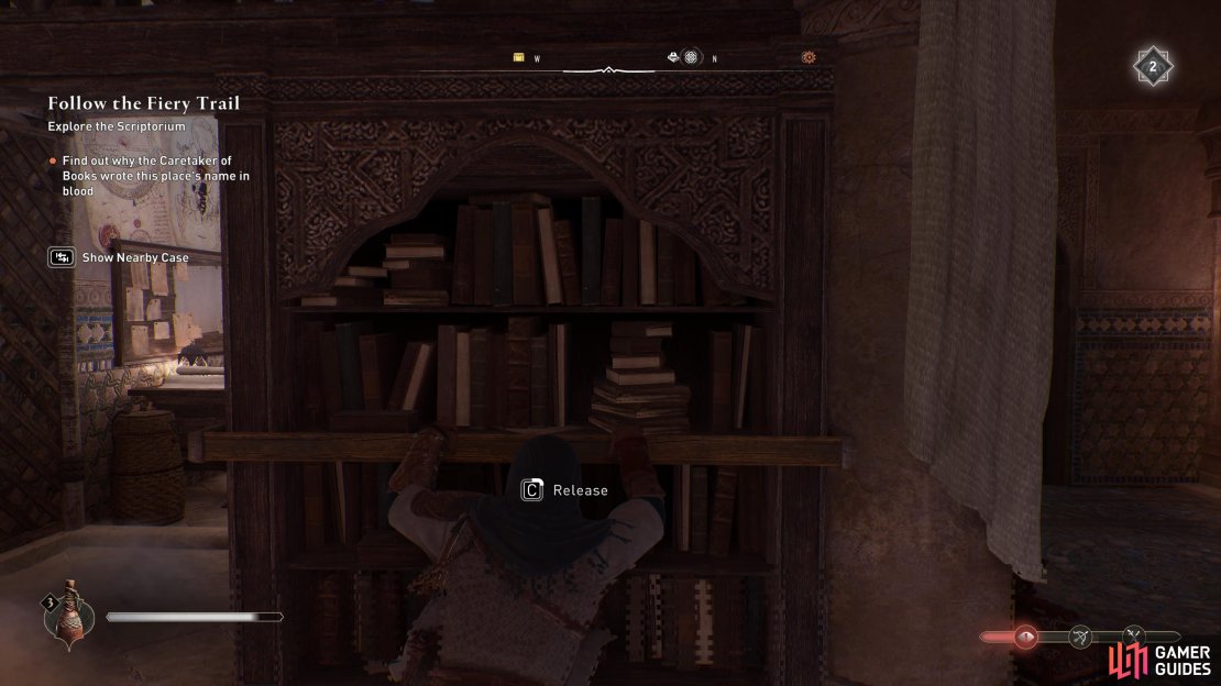 Inspect the clues in Ahmad&rsquo;s Workshop, and move the bookcases to reveal the diagram.