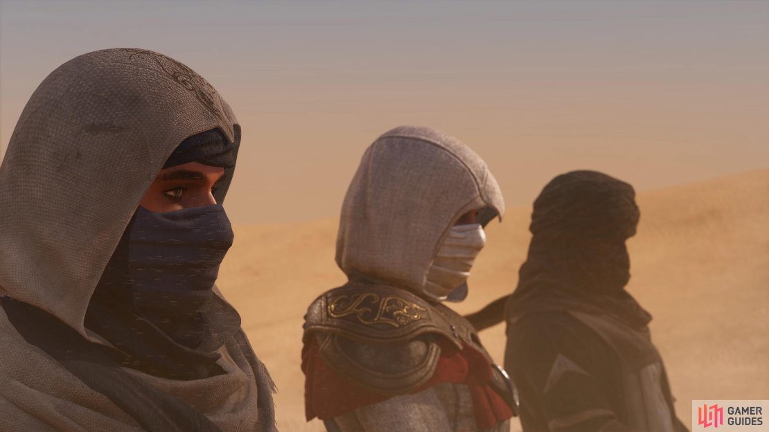 Notoriety in Assassin&rsquo;s Creed Mirage. Pictured: Basim, Roshan, and Fuladh.