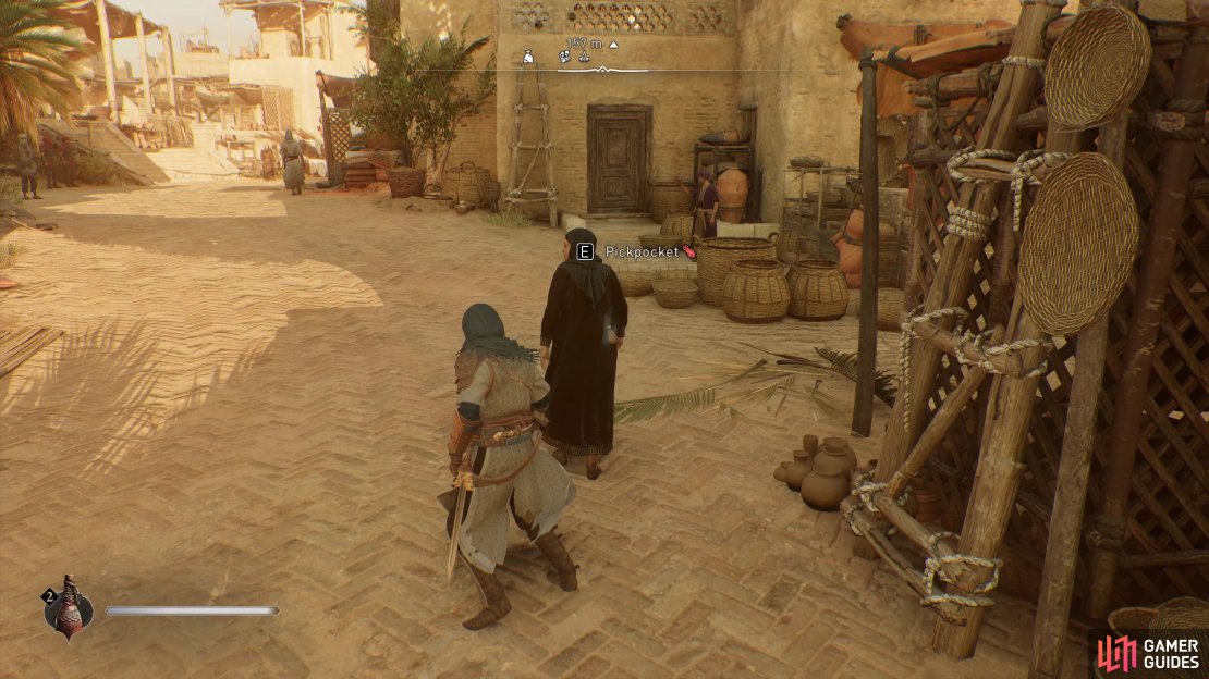 Look for this symbol which appears on any NPC that can be pickpocketed.