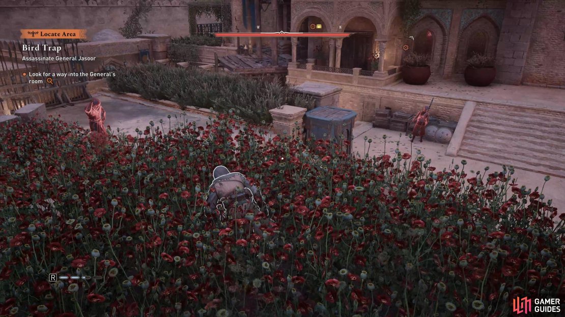 Use the poppy flower bed to hide from the guards and take them out quietly.