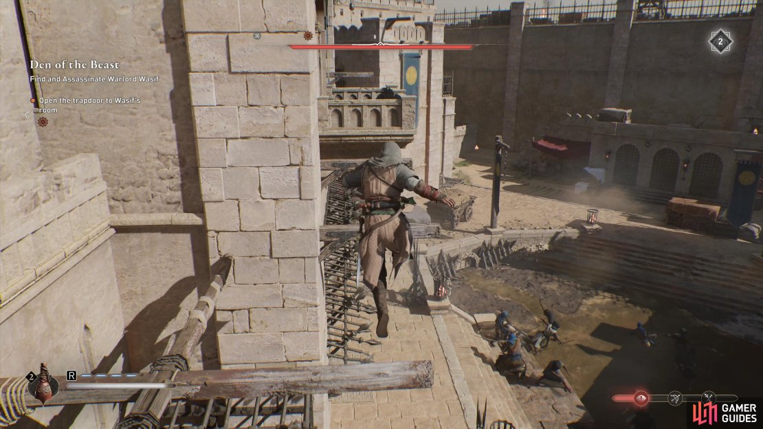 Climb the scaffolding to the balcony, leading to the hatch down which you&rsquo;ll find Al-Mardikhwar.