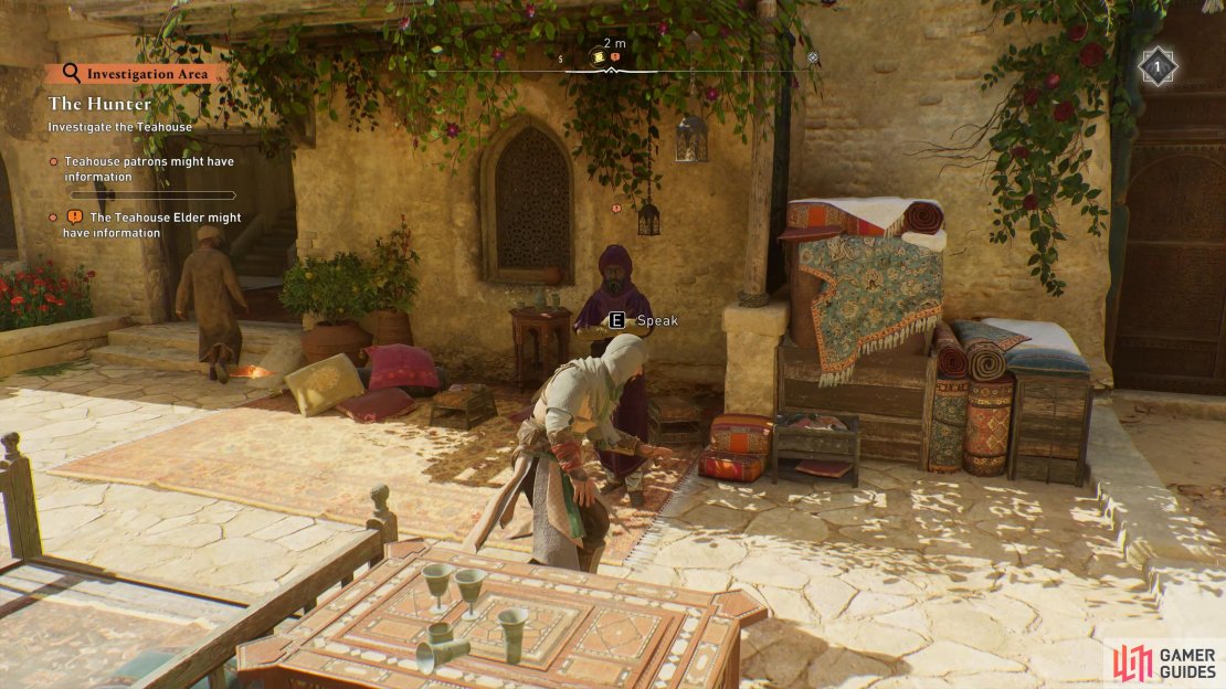 When you arrive at the teahouse, speak with the elder just outside.