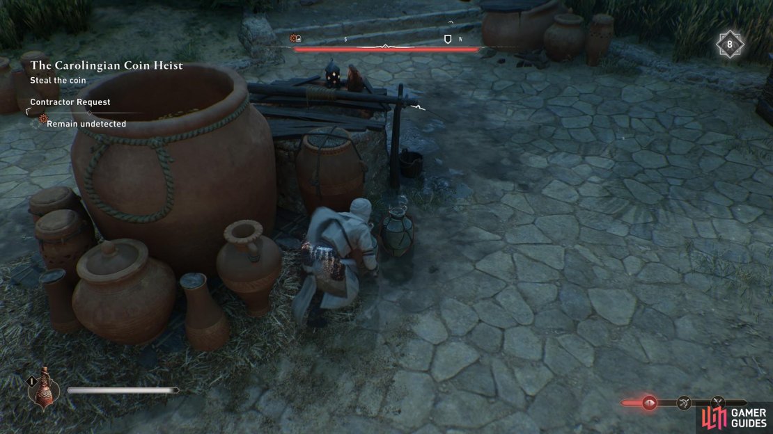 Once the courtyards clear, use your Eagle Vision to locate a jar and pick it up.