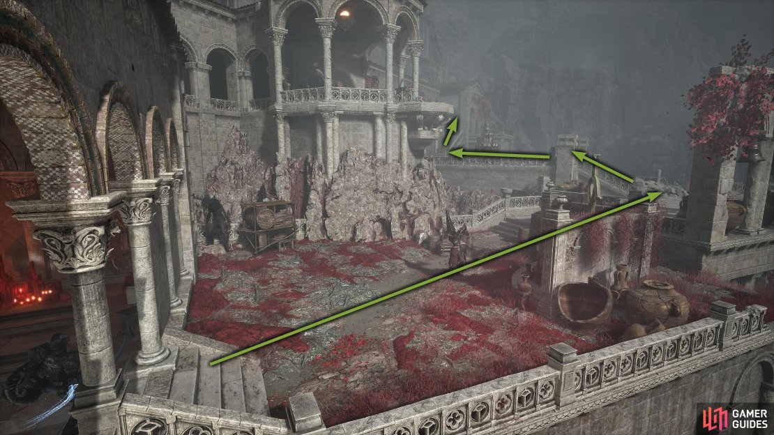 From the building, run through the area while avoiding the numerous enemies until you reach the Sin Piercer at the top.