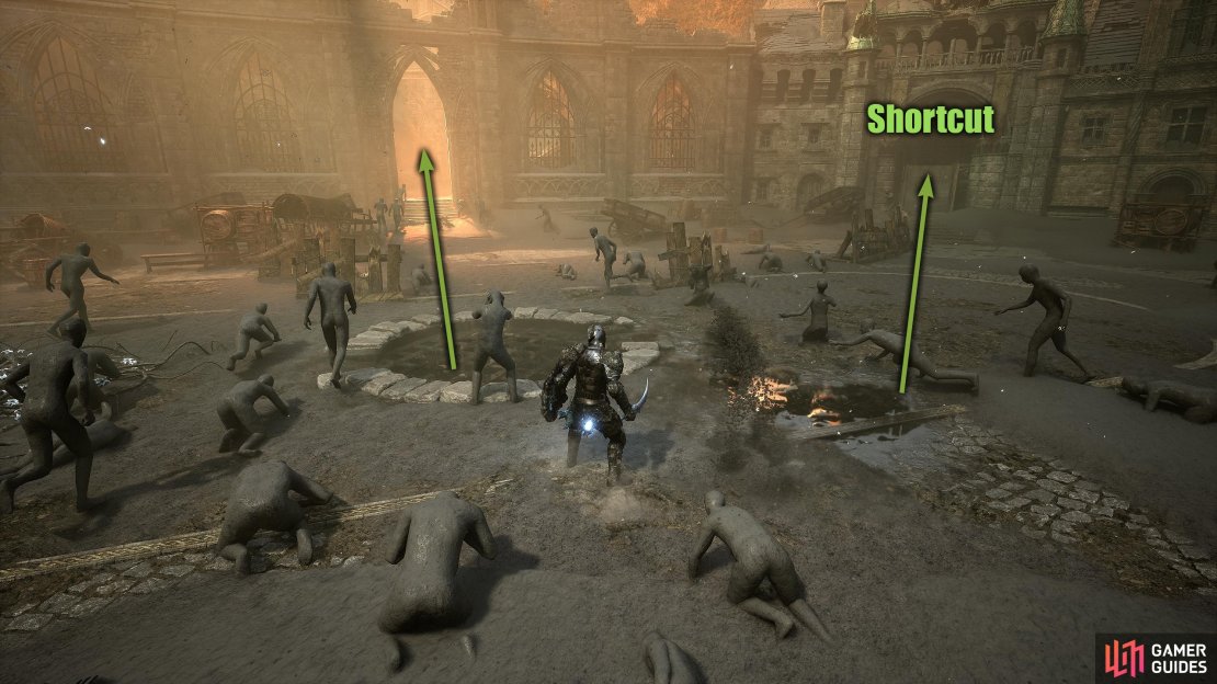 From the Ravager arena, head through the door it came from and go up the stairs. Take the shortcut if you have it.