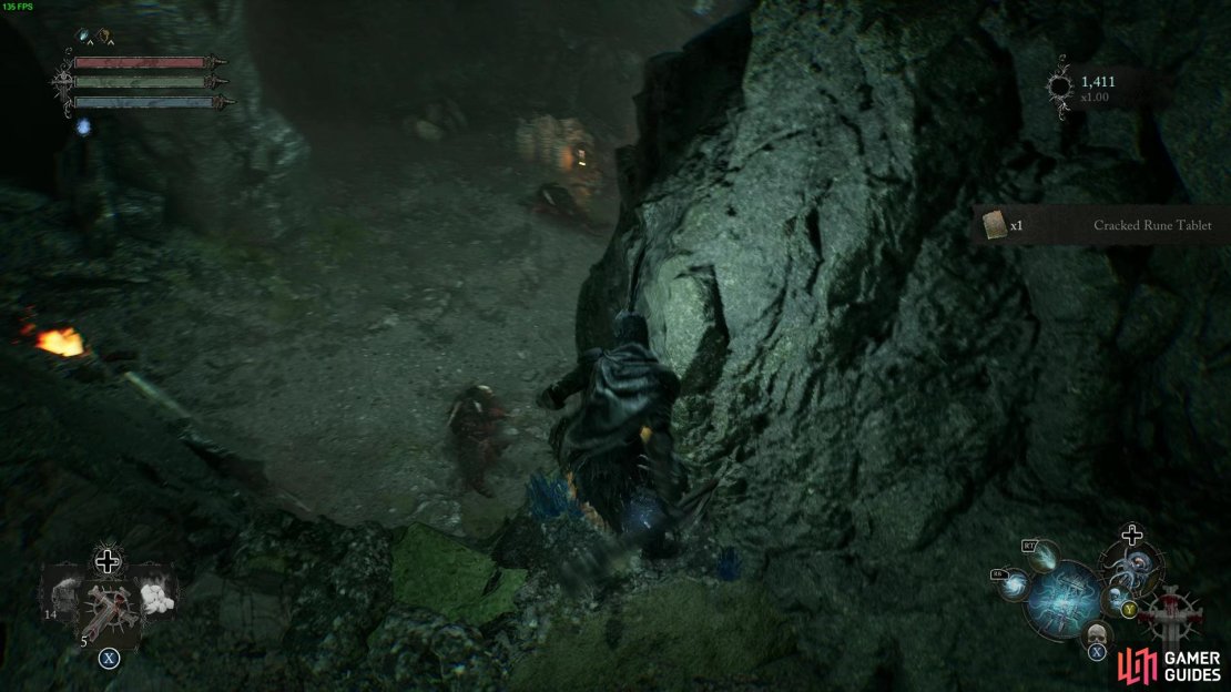 The first tablet location in Lords of the Fallen is in the Gorge, just above the dog resting spot at the end of the cave.