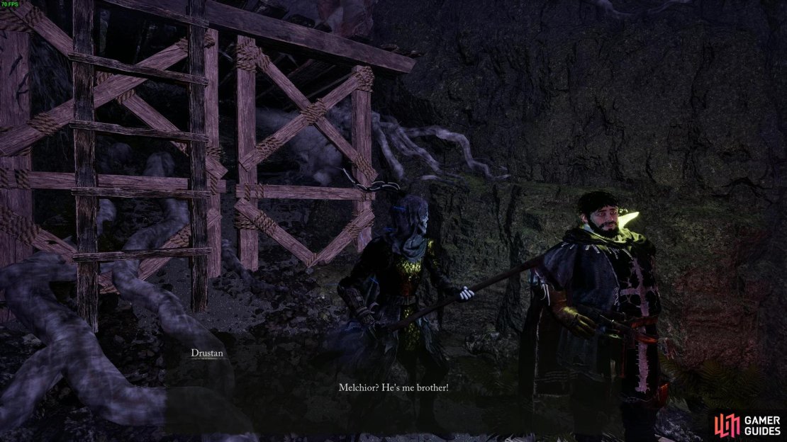 To start the Drustan quest in Lords of the Fallen, enter the Fitzroy Gorge cave and look for Drustan on the right tunnel when you approach the scaffolding area.