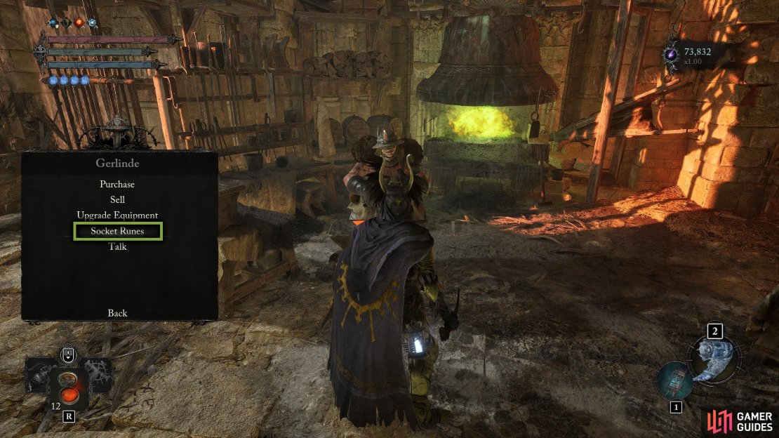 After acquiring the Cracked Rune Table, speak to Gerlinde in Skyrest and select &ldquo;Socket Runes&rdquo;.