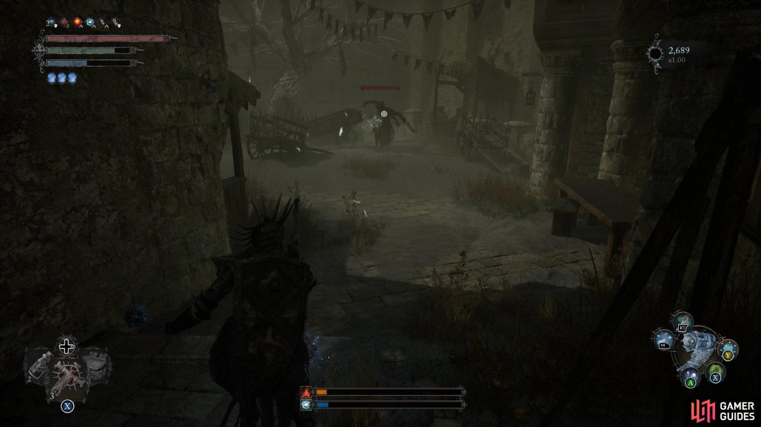 After speaking to The Iron Wayfarer in the tunnel. Exit, and follow the street left into the courtyard where the Skinstealer is.