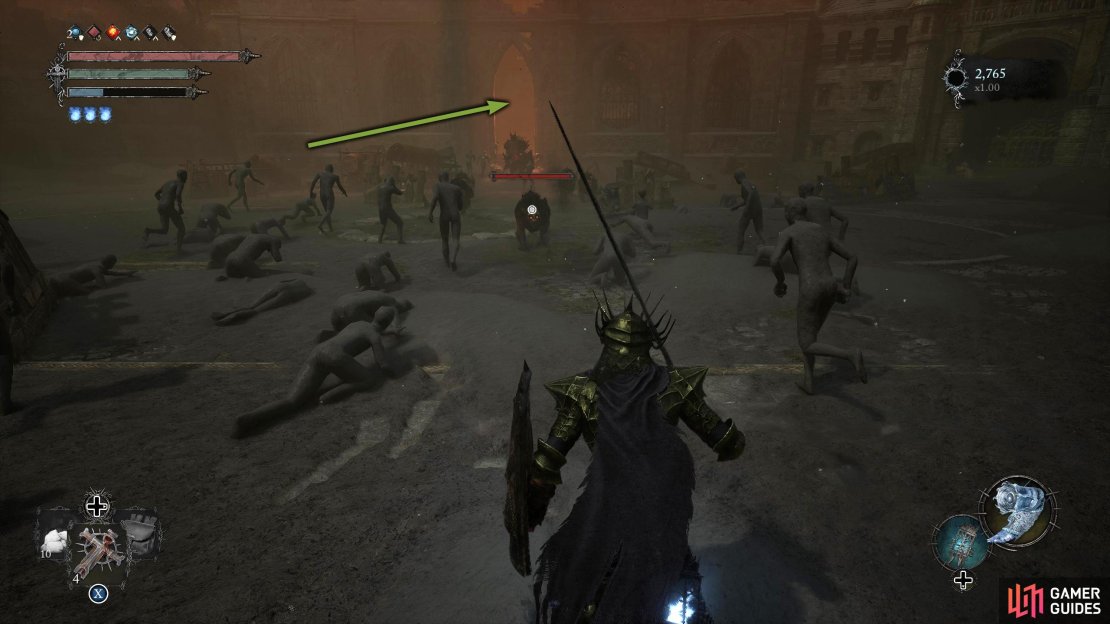 Defeat the Ravager and the dogs then go through the doorway.