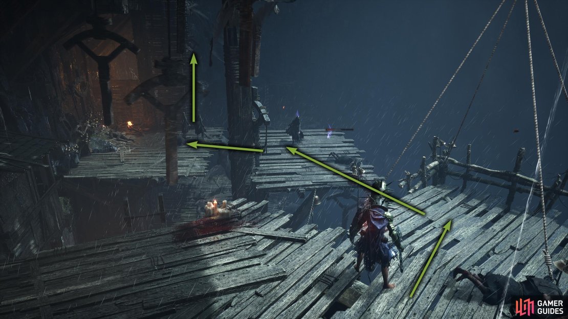 Run and jump onto the hanging platform, wait for it to swing nearer to the next platform, and jump across. Finally, jump onto the next platform, and climb the ladder.