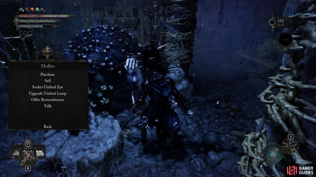 Switch to Umbral Realm and then head up the stairs opposite Pieta to find Molhu. You can purchase a Rebirth Chrysalis from it as soon as you reach Skyrest.