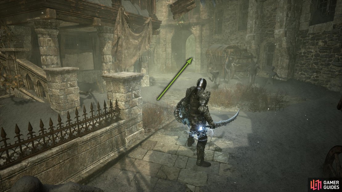 In the street, go through the doorway.