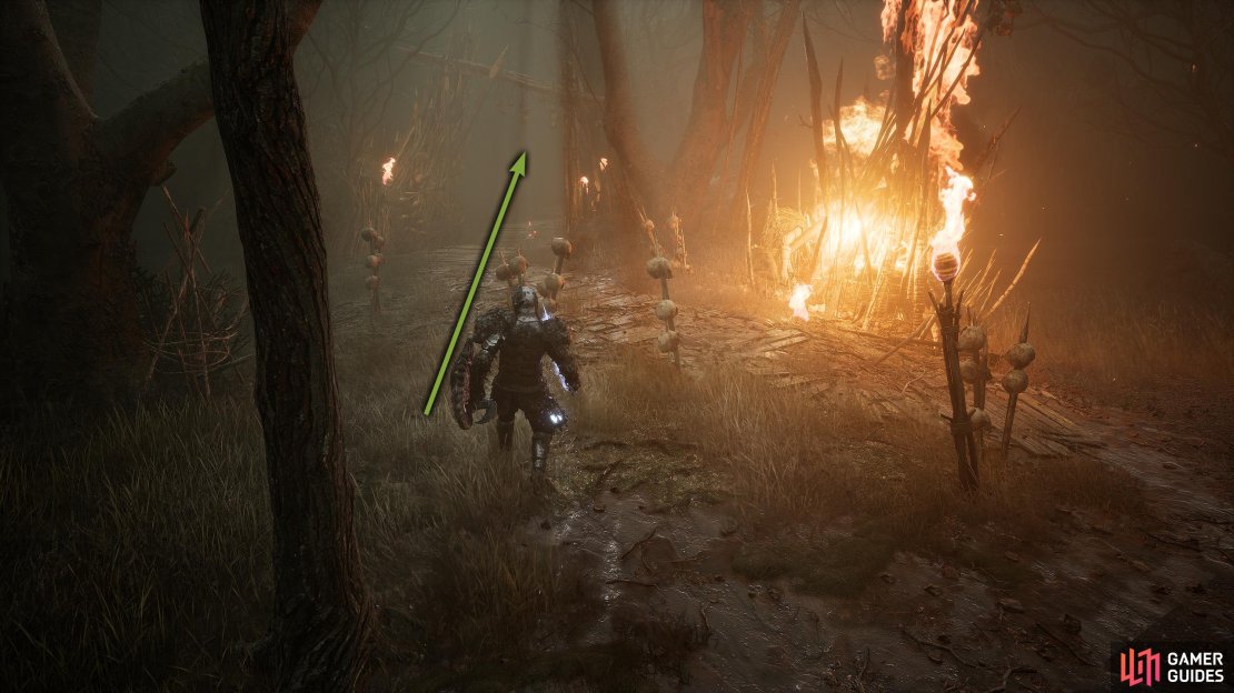 Follow the path to the first bonfire. Now, follow the path past it, and keep going until you reach the second bonfire.