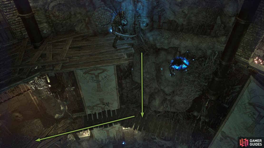 Drop to the wooden platform below where the red orbs were and head right to the next jail cell.