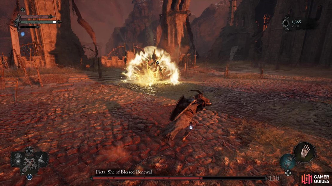 When Pieta gets to 50-60% health, she&rsquo;ll plunge her sword into the ground. If you&rsquo;re near her when she does this, you will take damage.