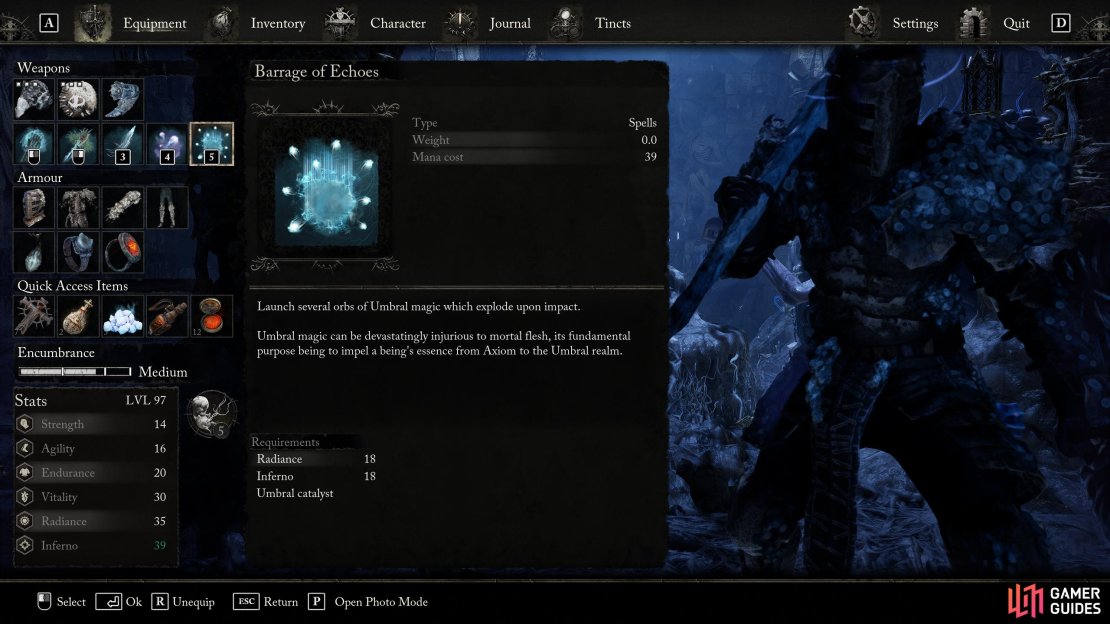 Here is the spell setup. From left to right: Umbral Weapon, Latimer&rsquo;s Javelin, Umbral Orb, Putrefaction, and Barrage of Echoes.
