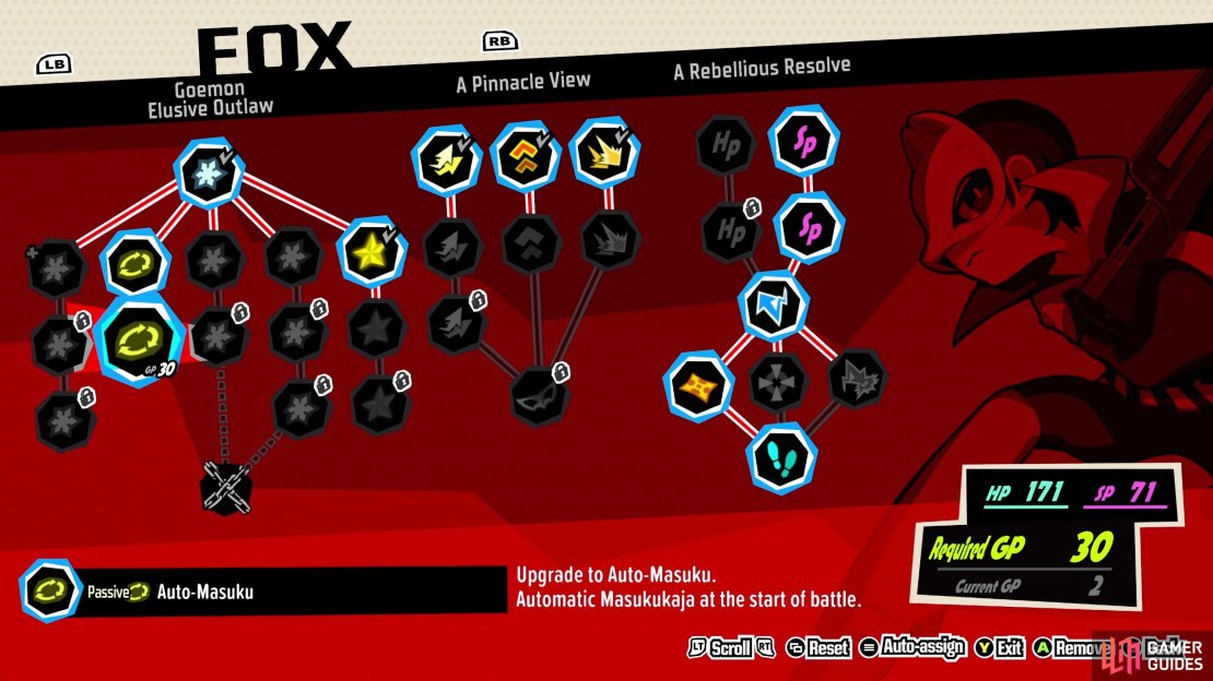 Auto-Masuku gives the entire party the Sukukaja buff at the start of combat, making it the crown jewel of Yusuke&rsquo;s skill tree.