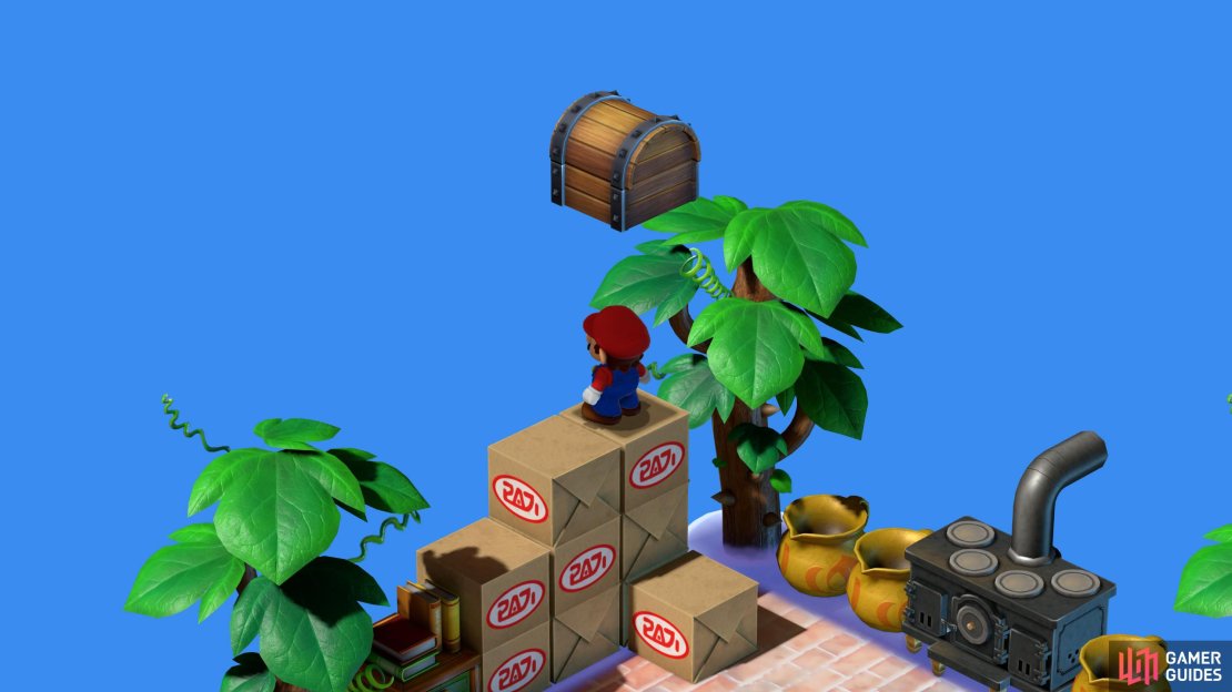Hidden Treasure 1: On top of the boxes in the Item Shop.