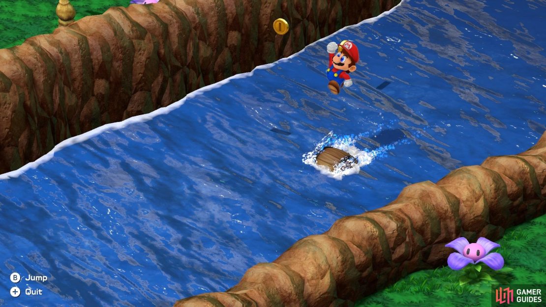 You will want to use the barrels to jump and collect coins along the river.
