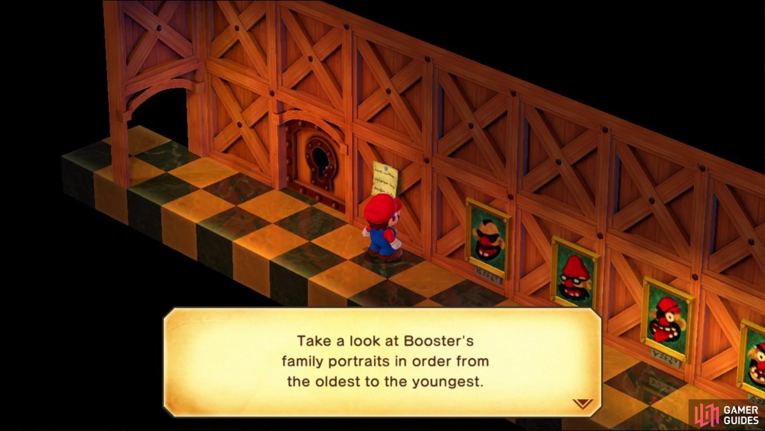 Eventually, you&rsquo;ll come to a long hallway lined with paintings of the Booster lineage. As the note says, you must select them in order of oldest to youngest.