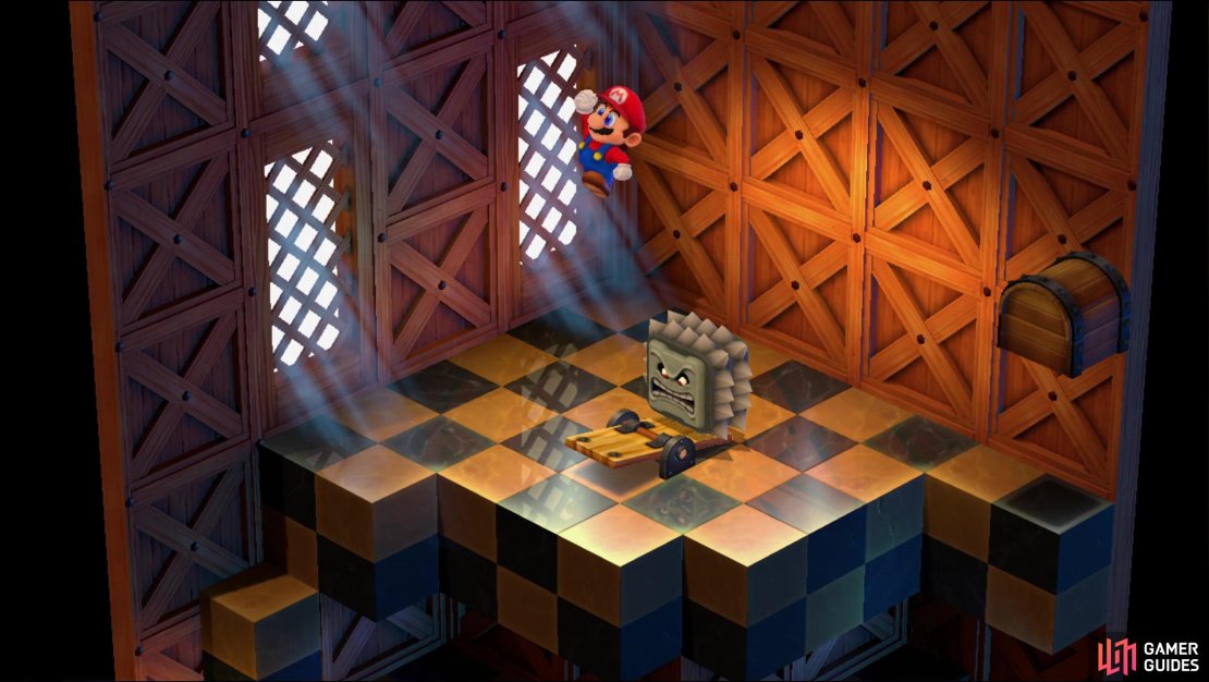 Jump on a seesaw to get a Thwomp to elevate you to the next area.