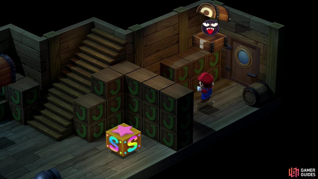Jump over a crate wall near a Save Point and hit a chest to provoke a Whuhoh!
