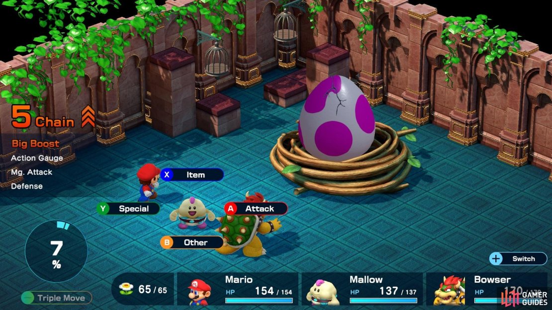 The first Birdo phase is called Shelly, use physical attacks to crack the egg.