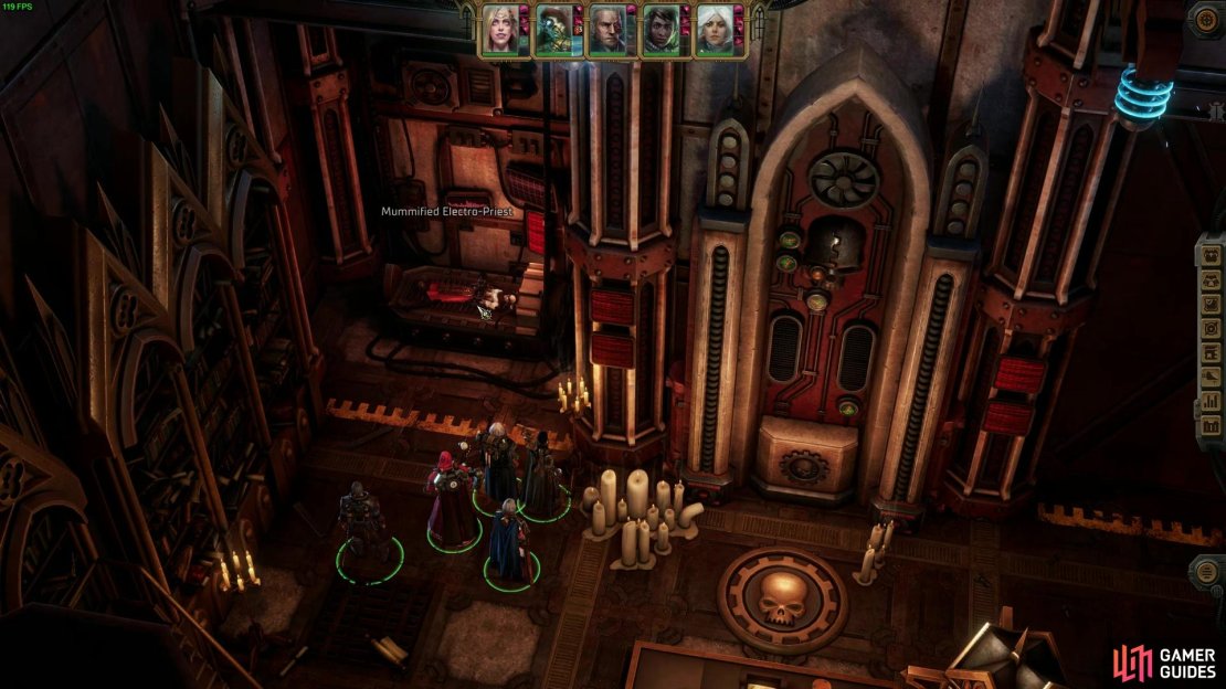 You should start looking for the missing and surviving monks and priests by visiting the library and opening the false walls at the back of the room.