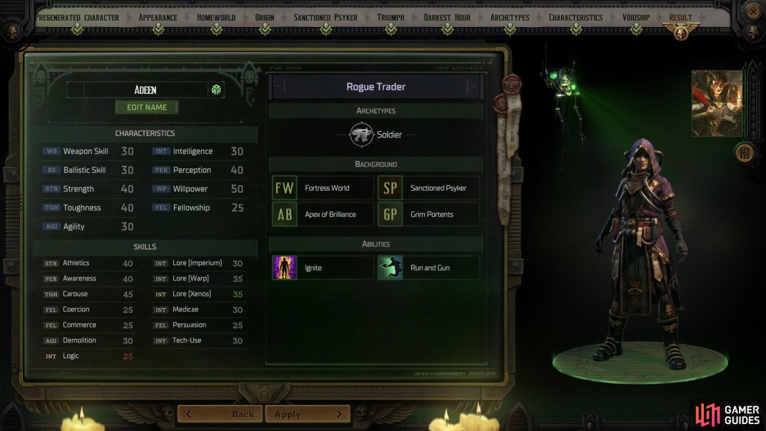 Set your characteristics, origins, and homeworld like this, and you&rsquo;re ready to start your Rogue Trader Psyker Build, focusing on Pyromancy.