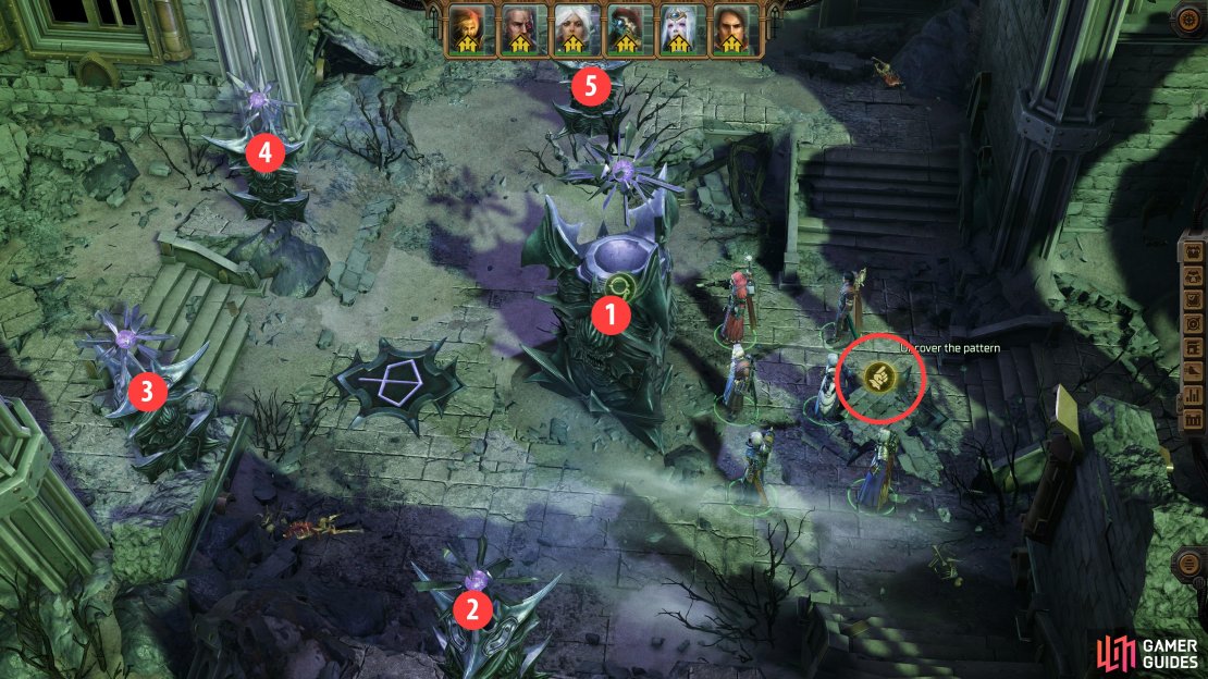 Uncover the hidden pattern, then note the five statues that make up the light puzzle.
