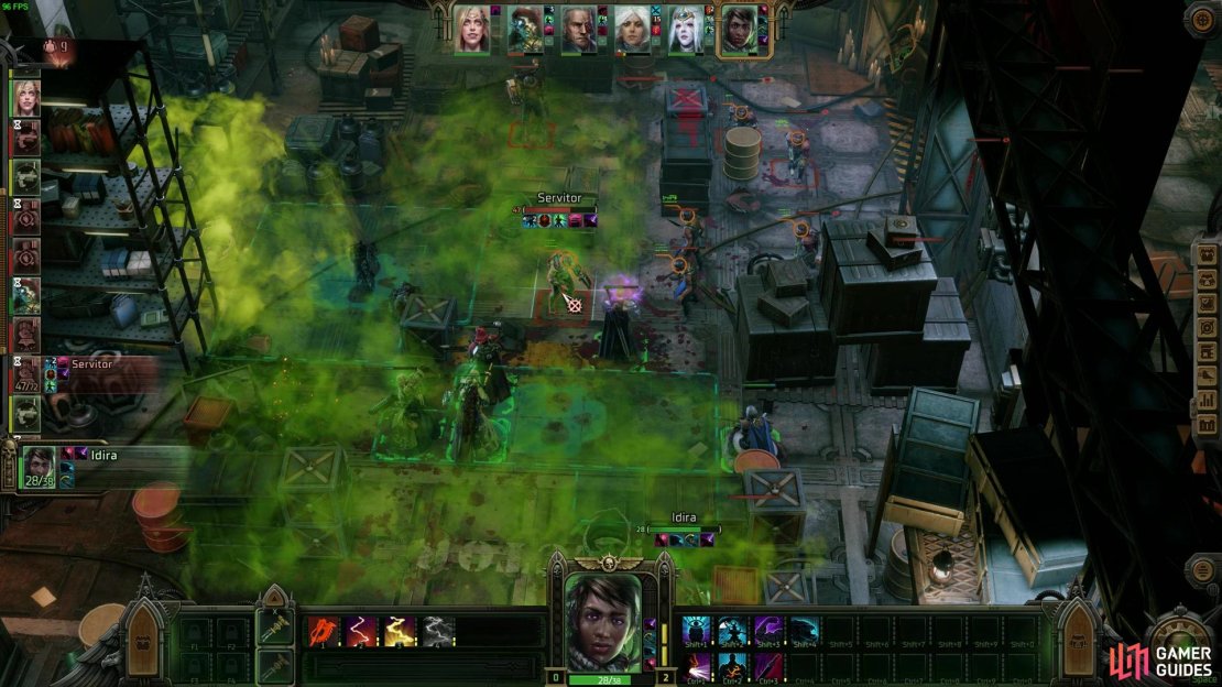 Fight your way through gang members, stun grenades and servitors blasting your team in a big toxic-filled room.