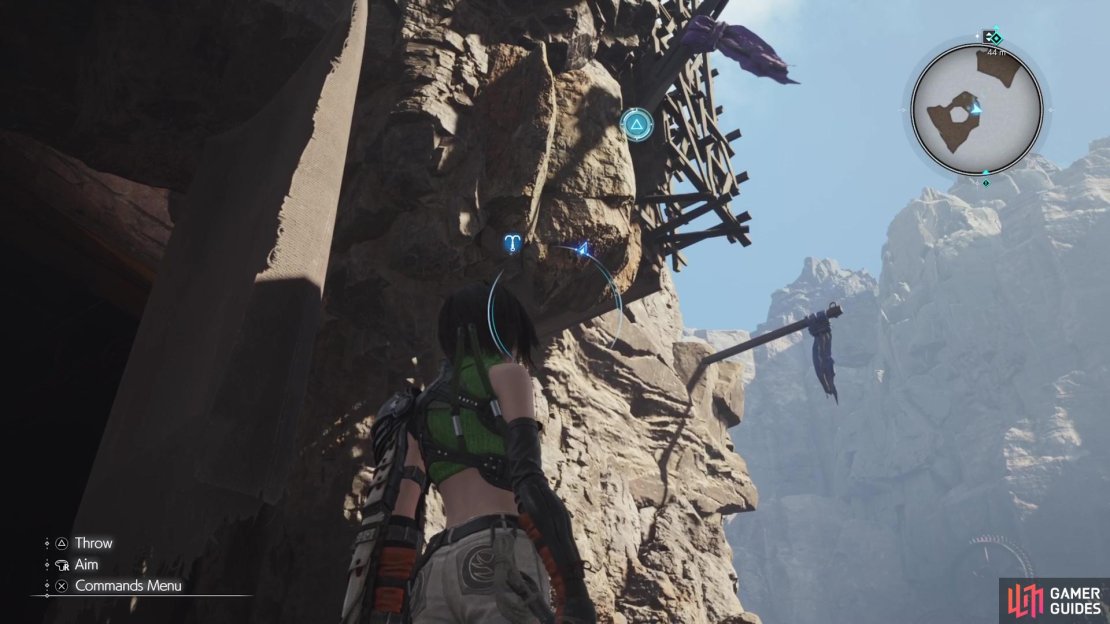 When standing on the rocky area, you&rsquo;ll have to toss the shuriken to knock loose a grapple point.