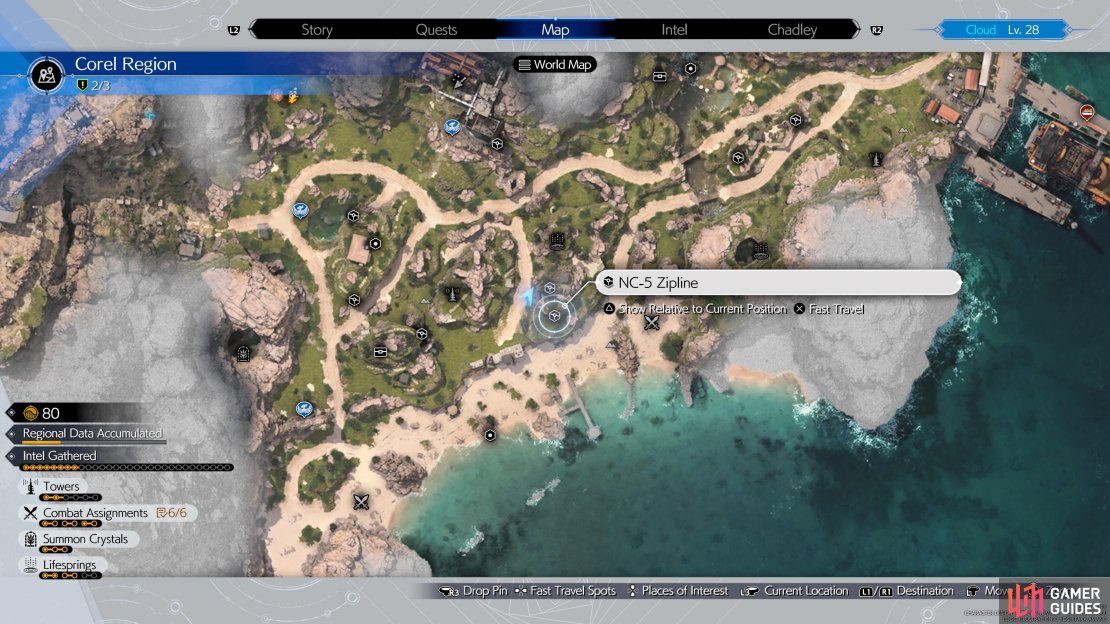 The location of the fifth zipline on the map.