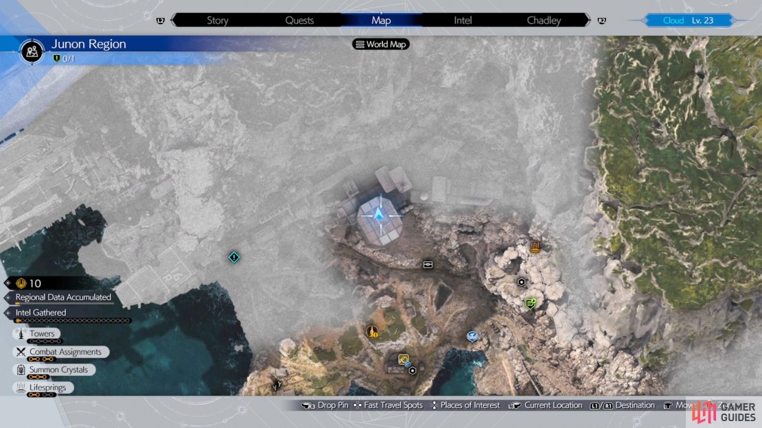 The location of the first item you need on the map.