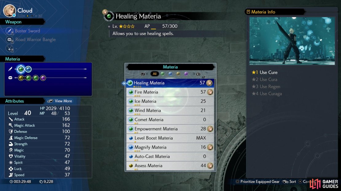 When you select a materia socket (empty or otherwise) you&rsquo;ll bring up a list of owned materia you can install in that materia socket. Equipped materia can be used in battle and earn AP.