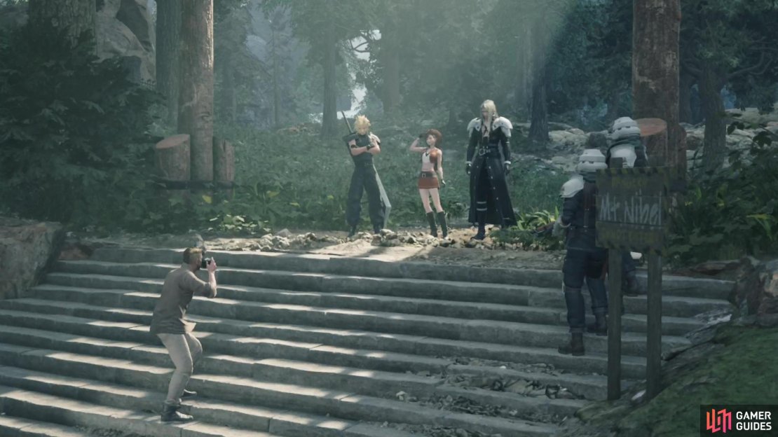 Cloud and Tifa convince Sephiroth to snap a photo before setting off for the reactor.