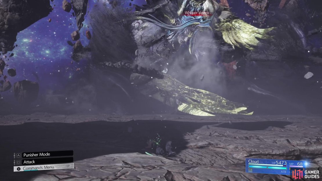 Sephiroth opens with Whisper Vortex, where he pounds the ground and creates some tornadoes.