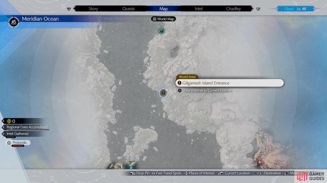 The location of the entrance to Gilgamesh Island on the map.