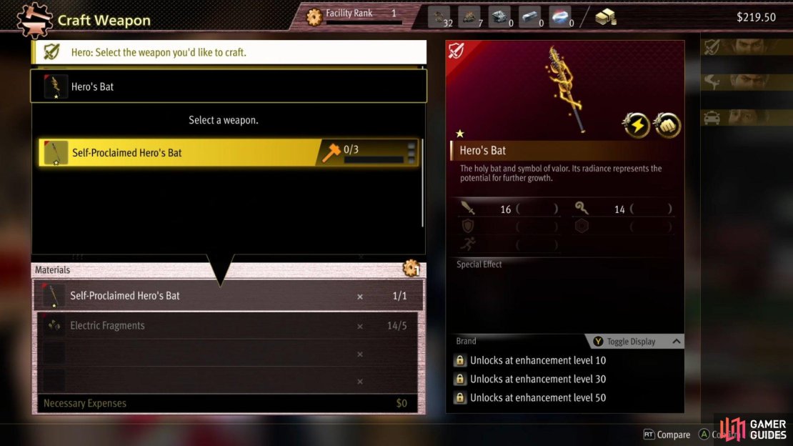 The weapon upgrade screen for the Hero&rsquo;s Bat can be seen