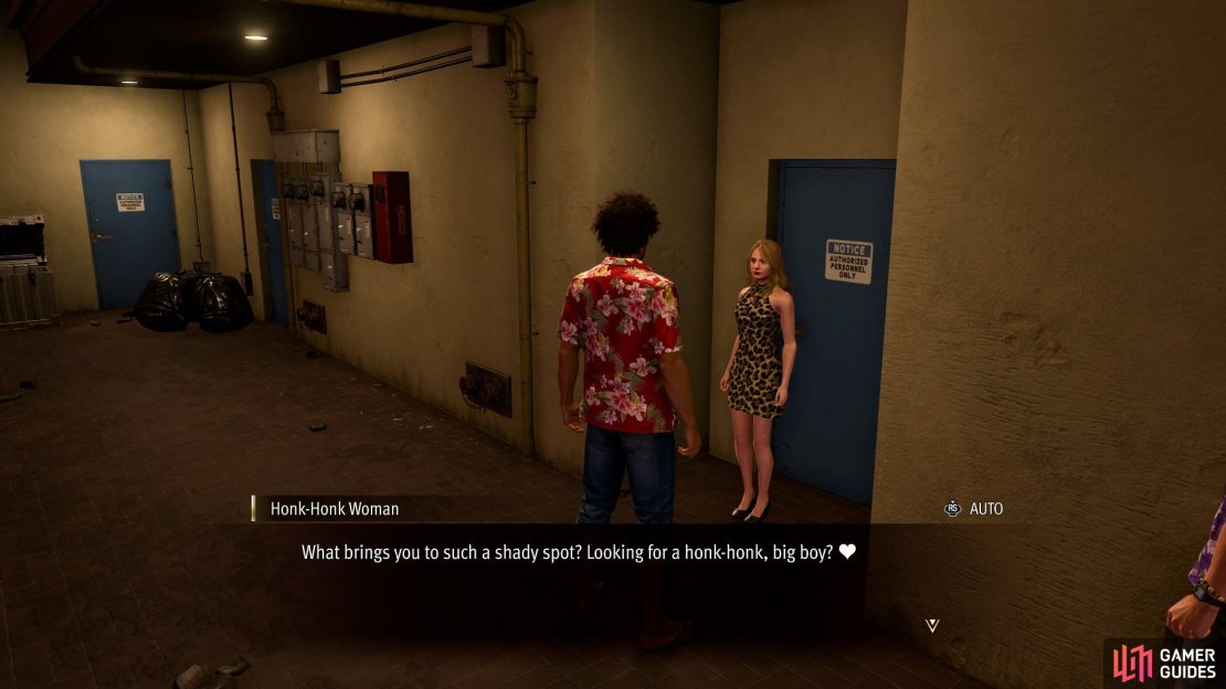 Search an alley west of Revolve to find the Honk-Honk Woman.