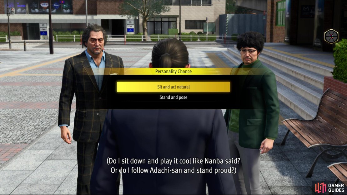 If you choose to sleepily wait on the bench like Nanba suggests you&rsquo;ll get Style +30, if you take a stiffer, more high-strung approach as recommended by Adachi you&rsquo;ll get Passion +30.