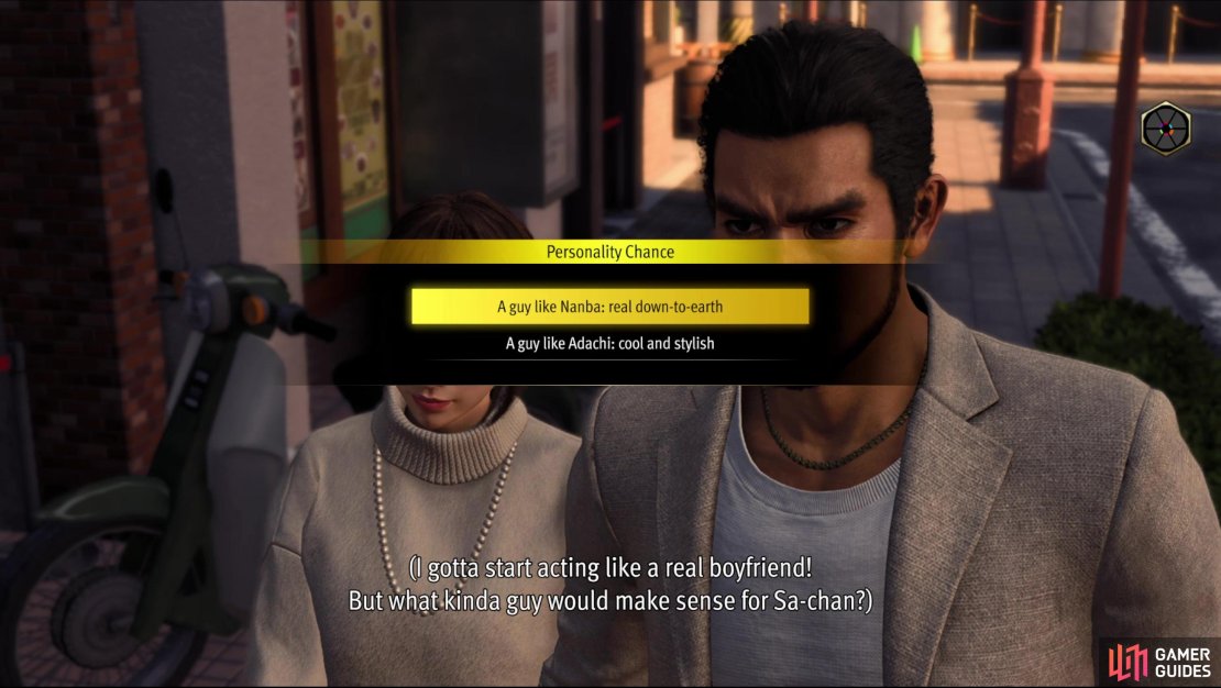 When accosted by a creep, channel Nanba&rsquo;s boyfriend energies for Kindness +30 or emulate Adachi for Intellect +30.