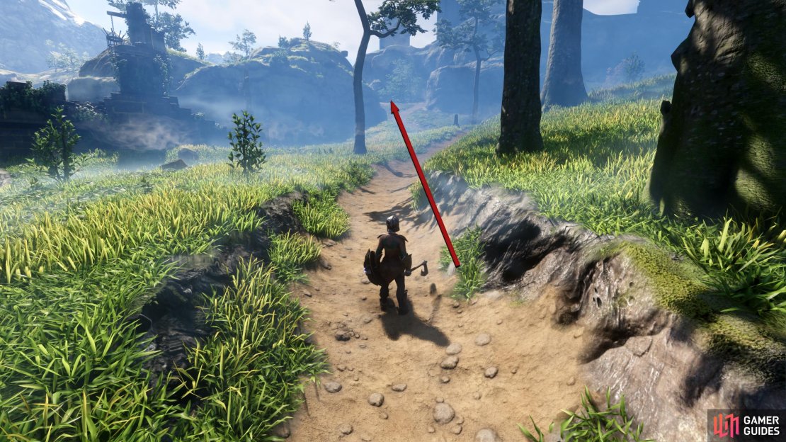 Follow the path until you reach the encampment.