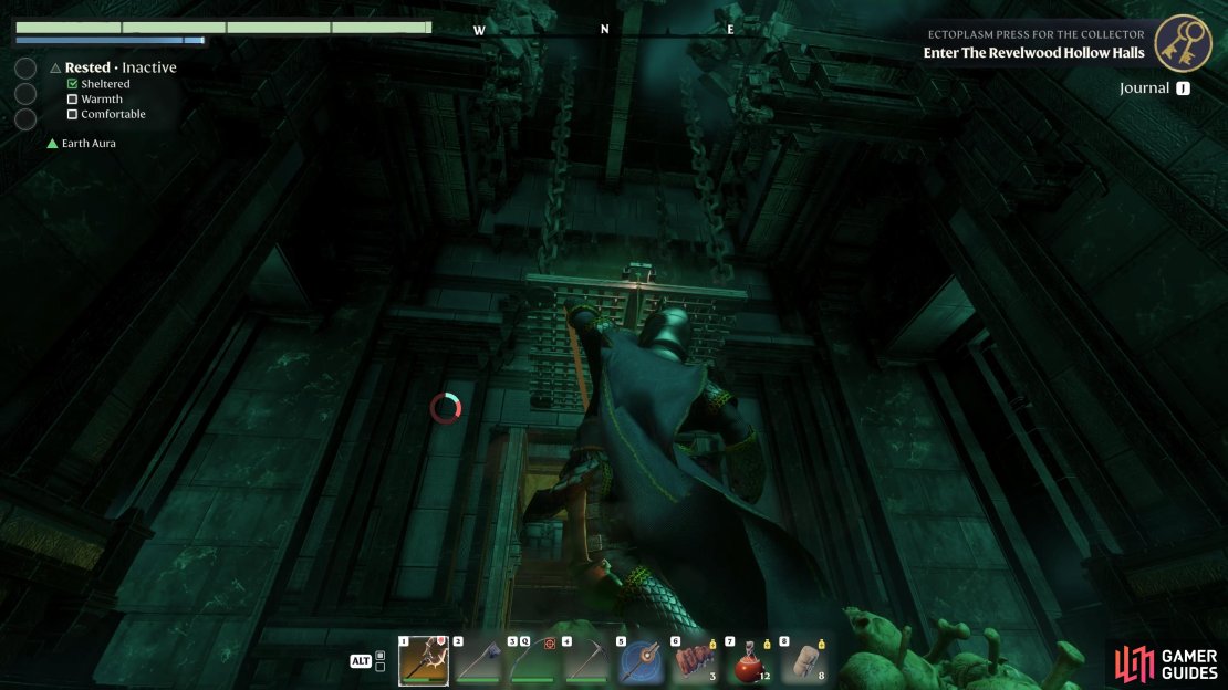 Look up to see the grapple hook point leading to a platform.
