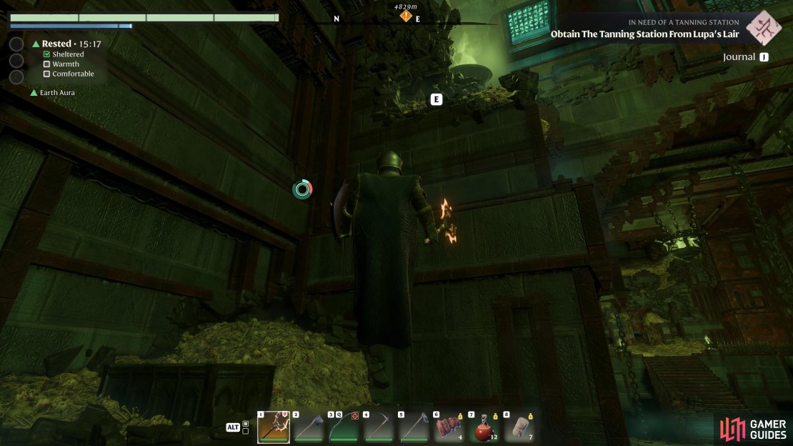Use the grapple hook to reach the platform where the third glyph is located.