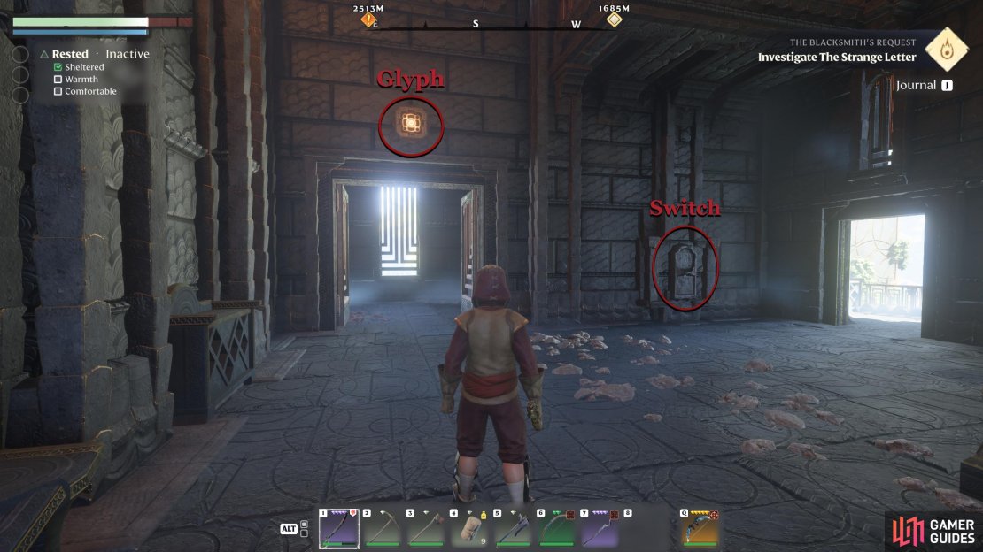 Interact with the switch to open the locked door. The glyph above the door will tell you how many switches you need to press for it to open.