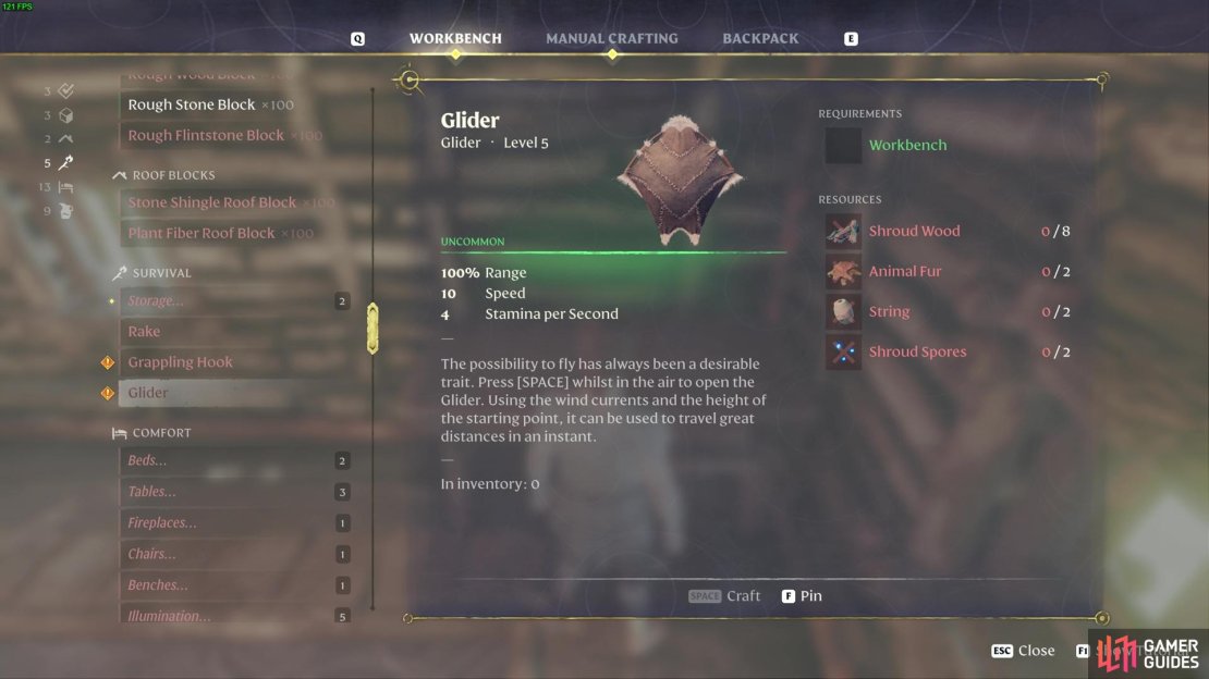 Go to a Workbench and gather the following items to Craft a Glider in Enshrouded.