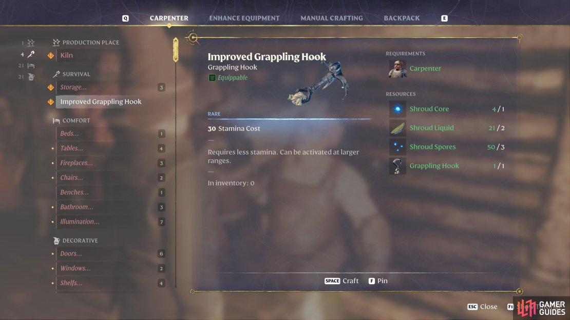 Gather the needed materials at the Carpenter, and you’re good to make your Improved Grappling Hook.
